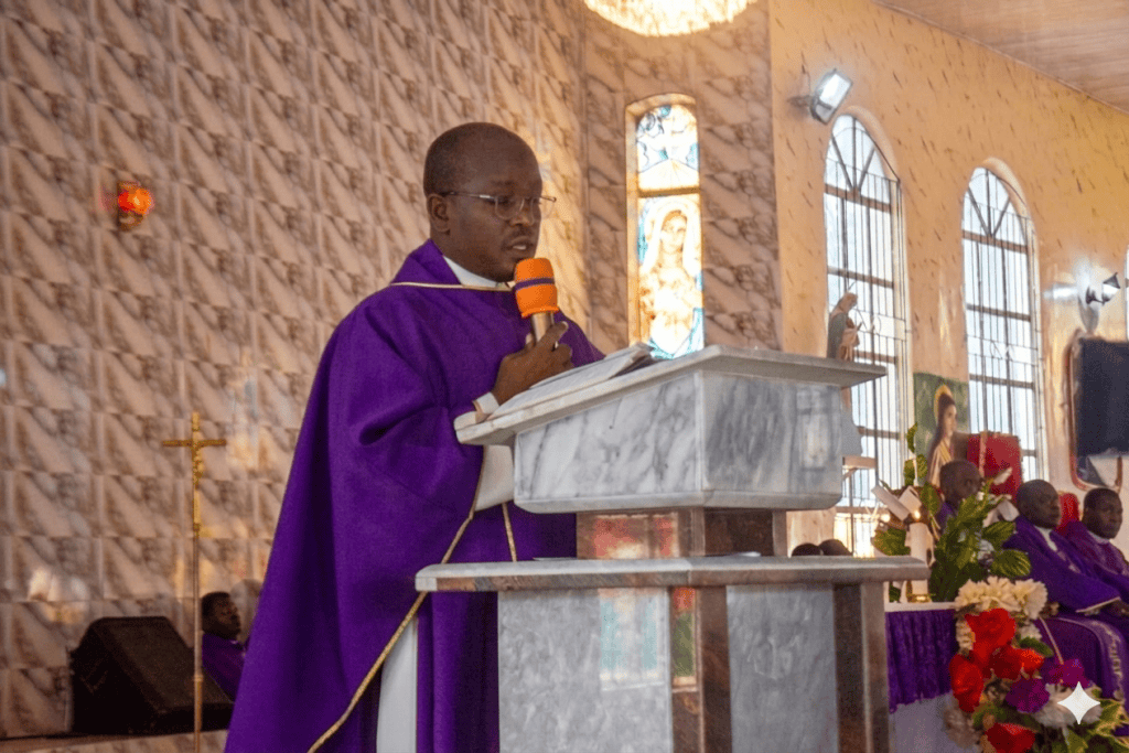 Fr. Nelson Ezeala giving the homily at Msgr. Obiajunwa's Month's Mind Mass